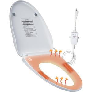 Heated Toilet Seat with Temperature Display and Built-in Side Controls, 3-Speed Heating Mode Elongated Toilet with Earth Leakage Protection, Slow Close Warming Toilet Seat with Auto Night Light