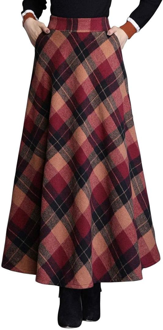 ebossy Women's Vintage High Waist Wool Blend Plaid A-Line Long Maxi Skirt with Pocket (Medium, Red)