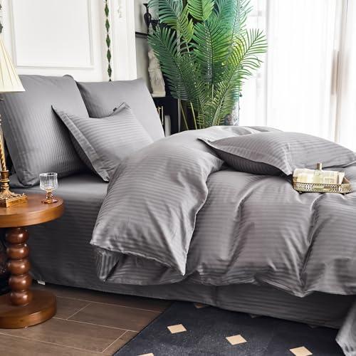 Hotel Collection Duvet Cover King Size 100% Cotton Grey Pin Striped Satin Textured Comforter Cover with Zipper 3 Pcs Bedding Set (1 Duvet Cover + 2 Pillow Shams)