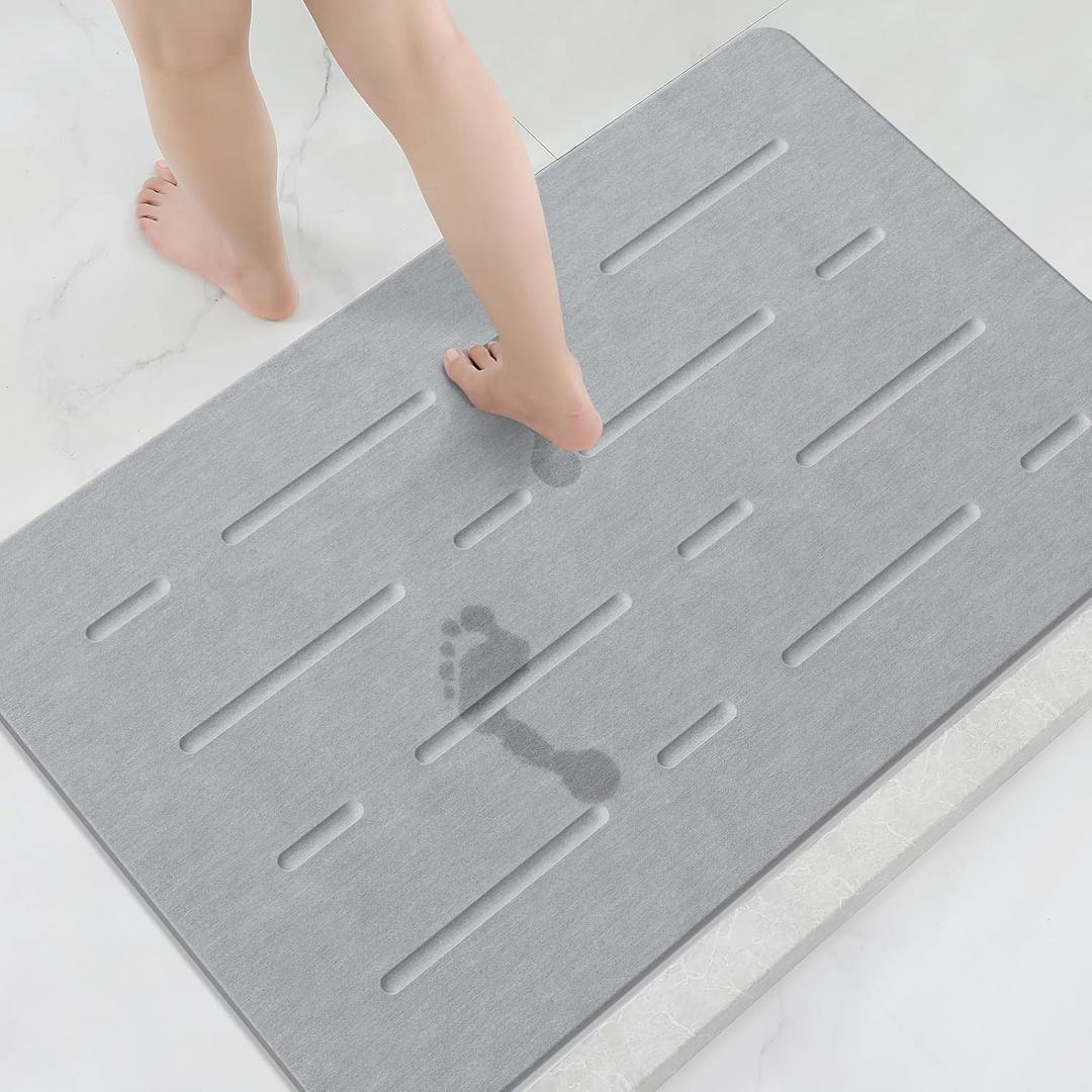 OTHWAY Large Stone Bath Mat, 32"x 20" Diatomaceous Earth Bath Mat for Bathroom Quick Drying Absorbing, Long Non-Slip Diatomite Hard Stone Shower Mat Instant Dry(Light Grey)
