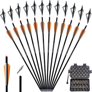 20 22 Inch Crossbow Bolts and Crossbow Broadheads Set Carbon Crossbow Arrows for Hunting and Outdoor Practice, 12pcs Arrows 12pcs Broadheads(24 Pack) (20" -Orange with broadbeads)