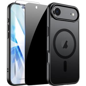 for iPhone Air Translucent Matte Case with Screen Protector 2X,Compatible with MagSafe Military Grade Shockproof Slim Magnetic Protection Phone Case for iPhone 17 Air-Black