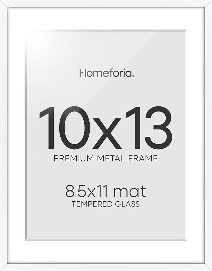 Homeforia 10x13 Picture Frame White, High End Metal 10x13 Poster Frames with Mat for 8.5x11, 10 x 13 White Frames Matted to 8.5 x 11 inch Photo, 10by13 Hanging Frames, Tempered Glass, Wall Kit, Set of