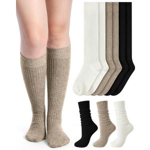 Shihanee 3 Pairs Winter Women Knee High Socks Long Ribbed Knit Slouchy Boot Socks Warm Gifts for Women Girls (Simple Colors)