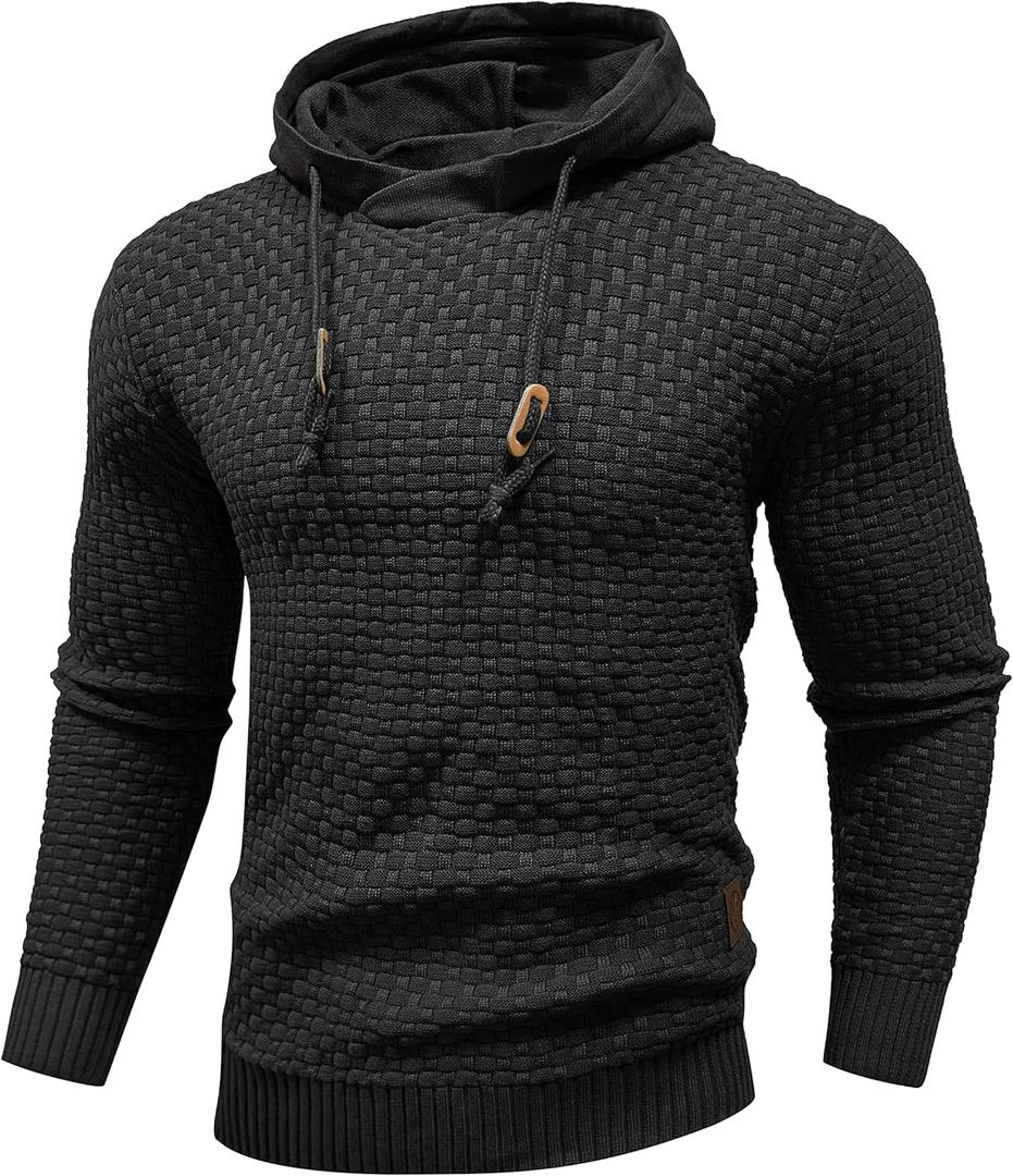 Zaitun Mens Hooded Sweatshirt Long Sleeve Solid Knitted Hoodie Pullover Sweater (Medium, Black)