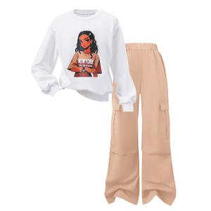 Cakaner Girls Clothes 2 Pieces Long Sleeve Shirt and Cargo Pants Fall Outfits Sets (6-7Y) (White)