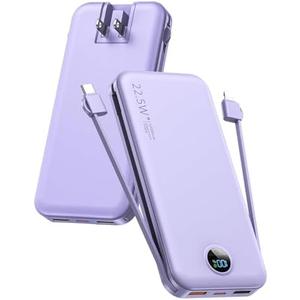 Portable Charger, 12000mAh 22.5W USB C Fast Charging Power Bank with Built-in Cables and AC Wall Plug, Smart LED Display Travel Essentials Battery Pack Compatible with iPhone, iPad, Samsung etc. Purple