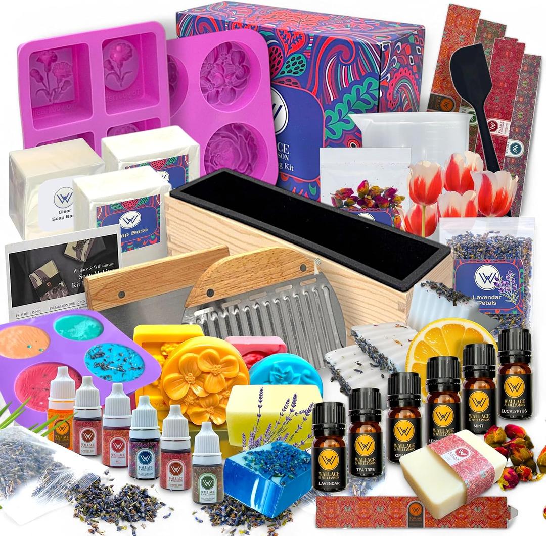 Wallace & Williamson Complete DIY Soap Making Kit  Melt & Pour Soap Kit for Adults & Kids with Essential Oils, Silicone Molds, Cutters & Dried Flowers  Beginner-Friendly All-in-One Gift Set