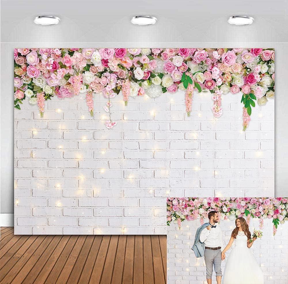 Flower Wall Backdrop Glitter White Brick Wall Mother's Day Flowers Photography Background Mother's Day Wedding Bridal Baby Shower Birthday Party Spring Theme Decor Photo Booth Props (7x5FT)