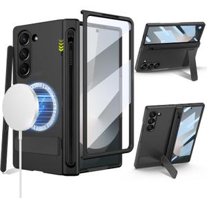 for Samsung Galaxy Z Fold 6 Case with Integrate Thinner Pen Holder, Built in Screen Protector, for Round Shape Magsafe Accessories, Adjustable Metal Stand, Magnetic 2024, Clear