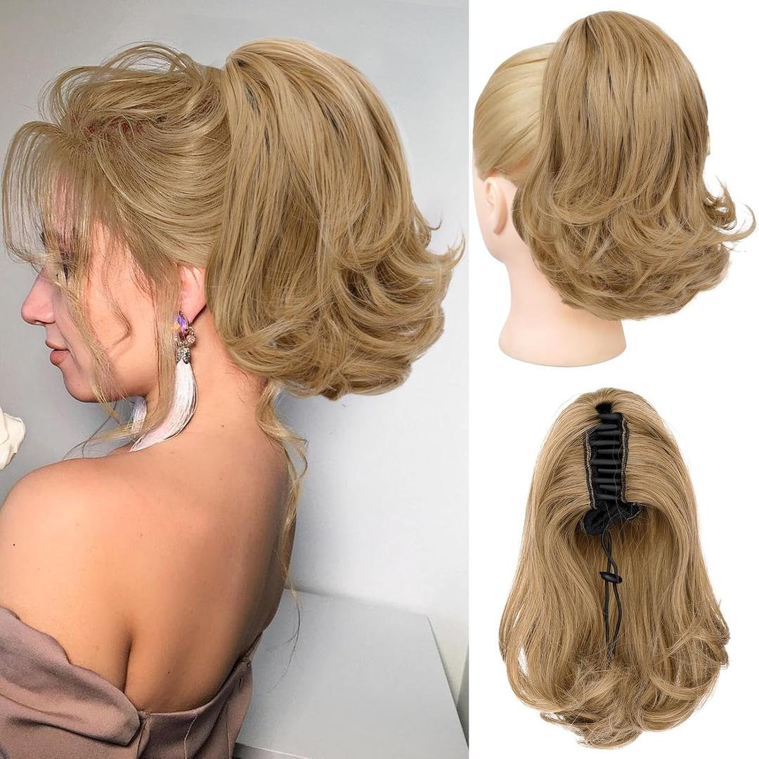 Ponytail Extension, 10" Short Claw Clip on Pony Tails Hair Extensions for Women Synthetic Natural Wavy Drawstring Fake Ponytails Hairpieces Daily Use (Golden Blonde Highlights, 10 inch)