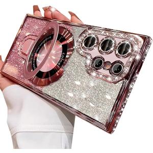 Changjia for Samsung Galaxy S26 Ultra Magnetic Glitter Case with Ring Stand,[Compatible with Magsafe] Bling Sparkly Diamonds with Camera Protector &Kickstand Women Girls Case for Galaxy S26 Ultra,Pink