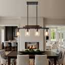 Farmhouse Wood Kitchen Island Lighting, 4-Light Adjustable Chandelier for Dining Room, Seeded Glass Shade Dining Room Light Fixture Over Table, Black Hanging Pendant Lights for Kitchen, Pool Table