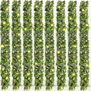 8Pcs Eucalyptus Garland with Lights, Greenery Garland, Green Garland with Flowers, 5.9FT Artificial Faux Eucalyptus Leaves Vines for Table Mantle Home Wedding Party Indoor Outdoor Decor2 Long Lights