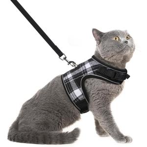 PUPTECK Soft Mesh Cat Vest Harness and Leash Set Puppy Padded Pet Harnesses Escape Proof for Cats Small Dogs Rabbits Bunny, Plaid Black, XL (XL(NECK 10.5"-13", CHEST 14"-17", 10-17 lbs))