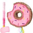 WERNNSAI Donut Piata - Pink Donut Piata with String Birthday Party Decorations Piata with Stick Blindfold for Girls Kids Dount Pull String Piata Family Games Birthday Party Supplies