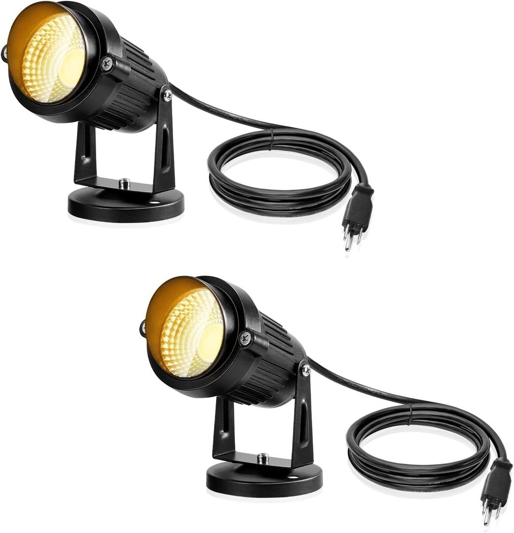 LemonBest Landscape Lights - 5W 110V Outdoor Spotlight - Waterproof IP65-3000K Warm White LED Landscape Lights - 5ft Cable for Yard Garden Patio Driveway House (Include Spike) (Pack of 2)