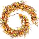 6.5 Ft Fall Leaves Daisy Vine Garlands Artificial Autumn Garland with Wildflower Sunflower Daisy Eucalyptus Garland for Thanksgiving Harvest Door Mantle Fireplace Party Table Home All Year Round Decor