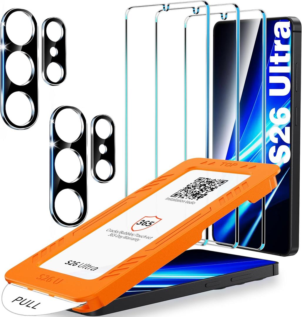 3 x letosan 3 Pack for Samsung Galaxy S26 Ultra Screen Protector Tempered Glass + 2 Sets Camera Lens Protector, Military Grade Shatterproof, 9H+ Hardness, Auto Alignment Frame 6.9 Inch