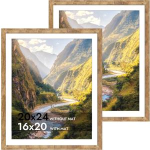 iRahmen 20x24 Picture Frame Set of 2 with Plexiglass, Wood Brown Rustic Poster Frame for Wall Mounting Display 16x20 Picture with Mat or 20 x 24 Without Mat