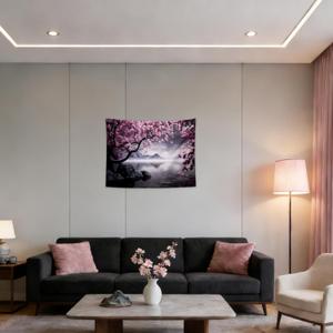 QGHOT Japanese Cherry Blossom Tapestry Wall Hanging Asian Anime Nature Mountain Wall Art Calming Lake Ocean Tapestries for Bedroom Living Room Decor 31.5" L x 39.4" W