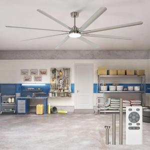 Outdoor Ceiling Fan with Remote: 100 Inch Large Fan - Industrial Ceiling Fan with Light for Patio Shop Garage Brushed Nickel Silver