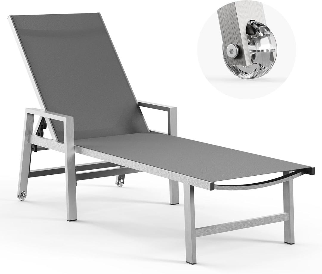 Patio Chaise Lounge Chair Outdoor with Wheels&Armrests, Aluminum Pool Lounge Chairs 5-Position Adjustable Recliner, Outdoor Beach Lounge Chairs for Poolside, Patio, Deck, Yard, Dark Gray (1 Pack)