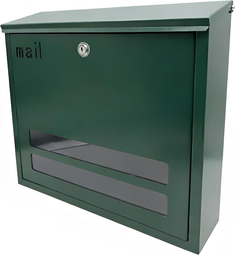 Weatherproof Lockable Wall-Mount Mailbox, 13" H x 15.7" L x 4" D, Green | Thick galvanized steel, Anti-theft key security，see-through window, indoor/outdoor use,versatile setup
