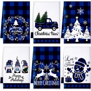Sratte 6 Pcs Winter Kitchen Towels Blue Black Buffalo Plaid Dish Towels Absorbent Gnome Truck Snowman Bathroom Hand Towel Winter Tea Towel for Kitchen Bathroom Decoration Farmhouse Housewarming Gift