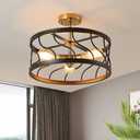 Farmhouse Chandelier,Industrial Vintage Semi Flush Ceiling Light,Kitchen Ceiling Light Fixtures,Modern Black Pendant Light Fixture,Black and Gold Chandeliers for Bedroom Dining Room