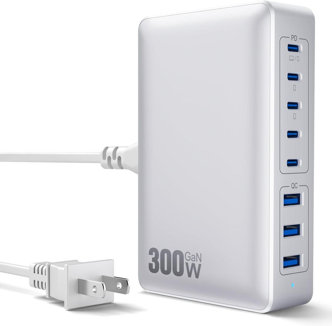 USB C Charger Block 300W USB C Charger,GaN III 8-Port Fast Charging Station Hub,PD Fast Laptop Charging Adapter Compatible with MacBook Pro/Air,DELL,Charge Hub iPhone 16/15/14,Galaxy S23/22