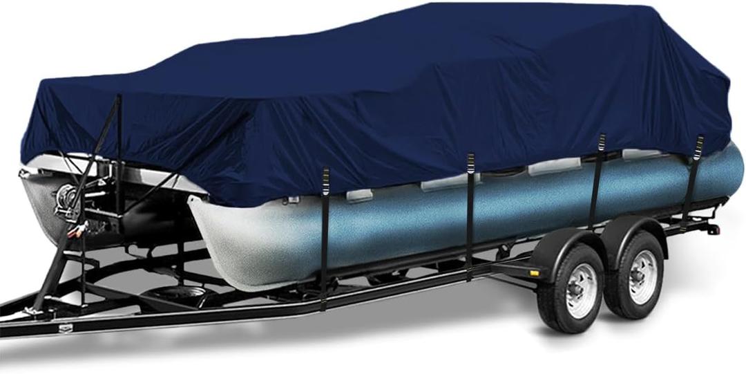 1200D Metal Buckle Heavy Duty Pontoon Boat Cover, Waterproof Elastic Pontoon Boat Cover with Windproof Side Straps Fit 21'-24' Beam Width: up to 102", Navy