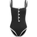 Saodimallsu Womens One Piece Swimsuit Vintage Ribbed Slimming High Cut Color Block Button Square Neck Bathing Suit (X-Small, Black)