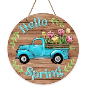 Deroro Hello Spring Blue Truck Sign for Front Door Decor, Tulip Flowers Pickup Wood Door Hanger for Outdoor Outside Porch, Rustic Farmhouse Wooden Wreath Indoor Wall Hanging Decoration