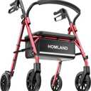 16 Pounds Lightweight Walkers for Seniors with Seat, Narrow Rolling Walker with 4 Puncture-Resistant Wheels, 5-Level Height Adjustable, 300 lbs Weight Capacity (Red)