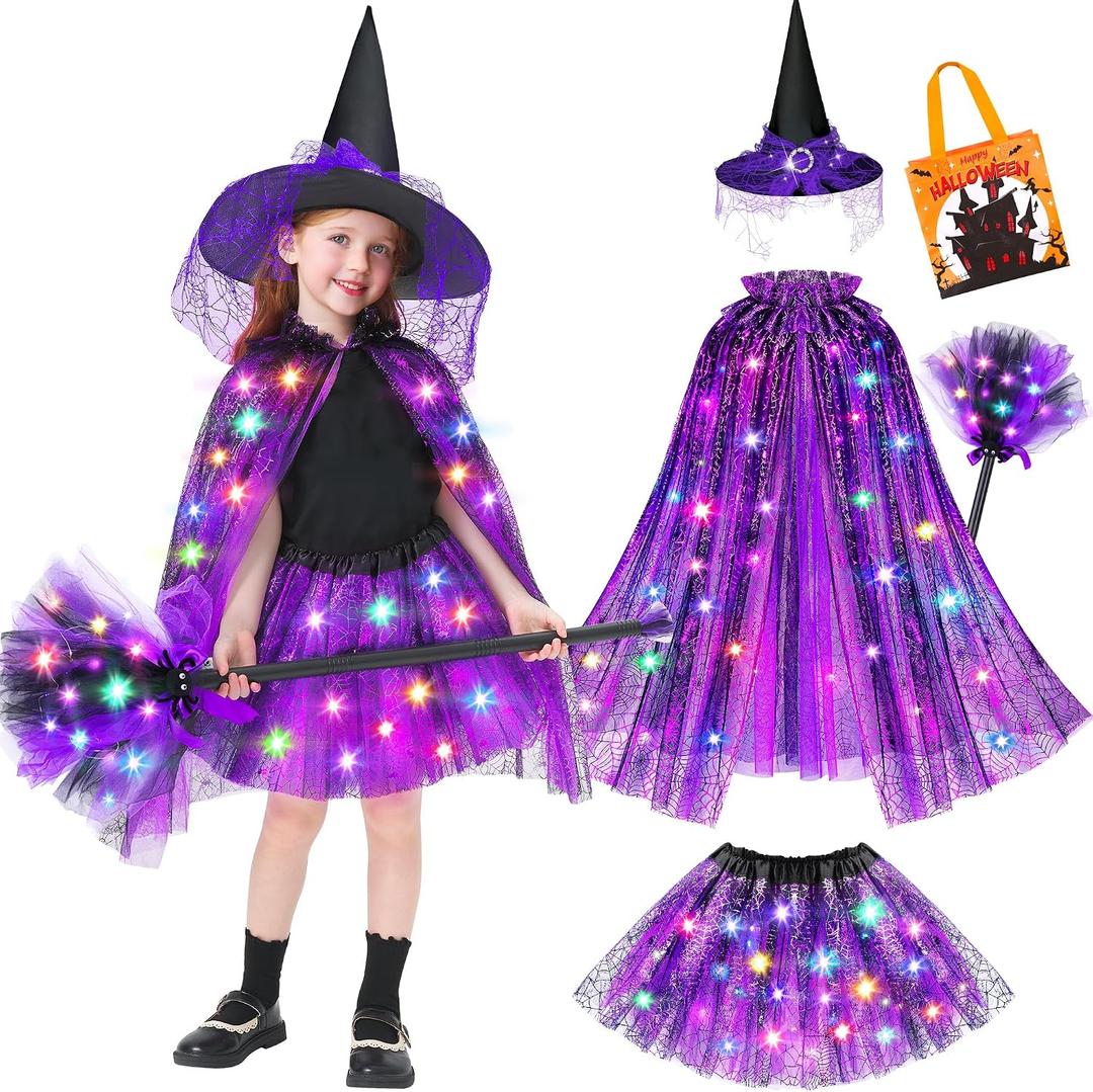 Jeowoqao Witch Costume for Girls Halloween Costumes, Light up Halloween Dress up Witch Cape Skirt Broom for Girl 3 4 5 6