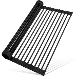 MERRYBOX 20.5" x 13" Roll Up Dish Drying Rack Silicone Wrapped Over The Sink Dish Drying Rack Multipurpose Foldable Sink Drying Mat, Heat-Resistant & Anti-Rust Dish Rack for Kitchen Sink, Large, Black (Rectangle: 20.5" x 13.1", Rectangle-black)