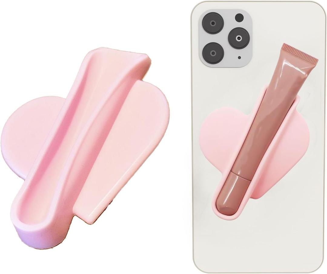 Rookii Heart Shape Lip Gloss Holder Phone Case, Lipstick Holder Phone Case.Silicone Lipgloss Holder, Adhesive Lip Gloss Balm Phone Card Holder for iPhone and Android (pink)