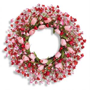 24 inch Valentines Day Wreath, Valentines Wreaths for Front Door Decor, Pink Tulip Wreath with Heart Berry for Front Door Wedding Anniversary Dinner Decoration