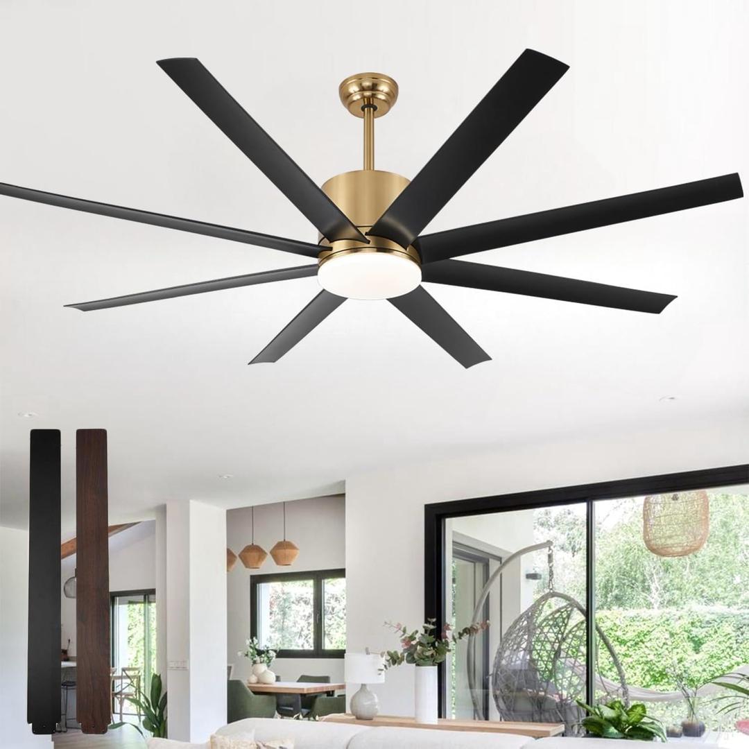 TXCSLY 60 inch Ceiling Fan with Light, Large Ceiling Fans with Remote Outdoor Ceiling Fan Quiet DC Motor, 8 Blades, 6 Wind Speed, Dimmable and Quiet DC Motor for Bedroom Living Room- Black &Gold