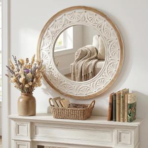 H HOMEWINS Round Wall Mirror 24" Wood Circle Bathroom Boho Decor Mirrors