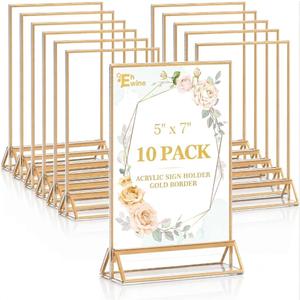 EHWINE 10 Pack Acrylic Sign Holder 8.5 x 11", Double Sided Gold Picture Frame Stand up Table Top Sign Holders, Clear Display Stand Menu Flyer Holder for Wedding Party (Provide Non-slip Mats)
