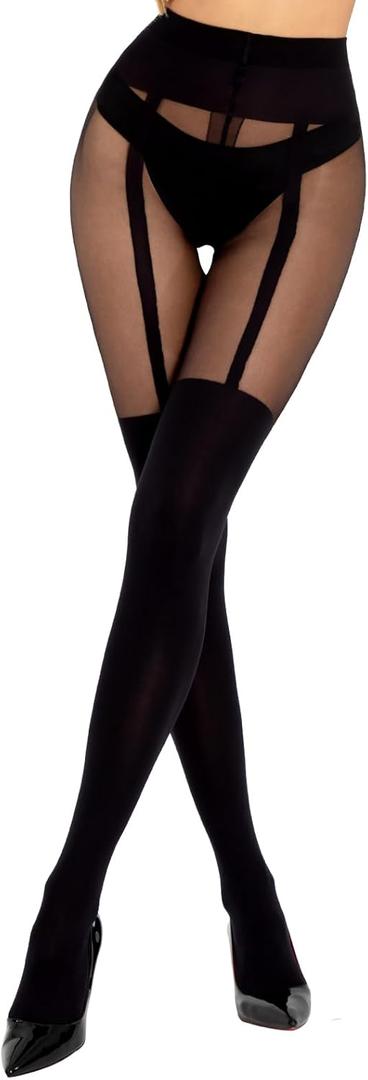 MANZI Mock Suspender Pantyhose for Women Faux Thigh High Stockings Black Over the Knee Goth Sparkly Tights (One Size)