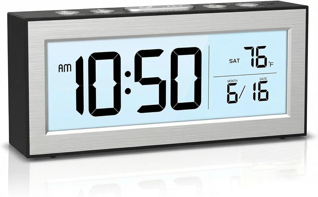 LOFICOPER Digital Alarm Clock, Battery Powered LCD Clock with Auto Dimmer, Snooze, Temperature, Date, Week, Small Desk Clock for Bedroom, Office, Travel, Batteries Included