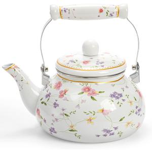 Jucoan Vintage Enamel Tea Kettle, 2.6 Quart Floral Enamel Water Kettle Teapot with Porcelain Handle for Stovetop Home Kitchen Camping, Housewarming Wedding Bridal Shower Gift