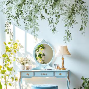 Olive Green Plants Leaves Wall Decals Peel and Stick, Large Floral Flowers Vinyl Wall Stickers, Removable Vine Home Decor Art for Bedroom Living Room Classroom Office