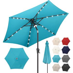 FLAME&SHADE 7.5 ft Solar Powered Outdoor Market Patio Table Umbrella with LED Lights and Tilt, Aqua Blue