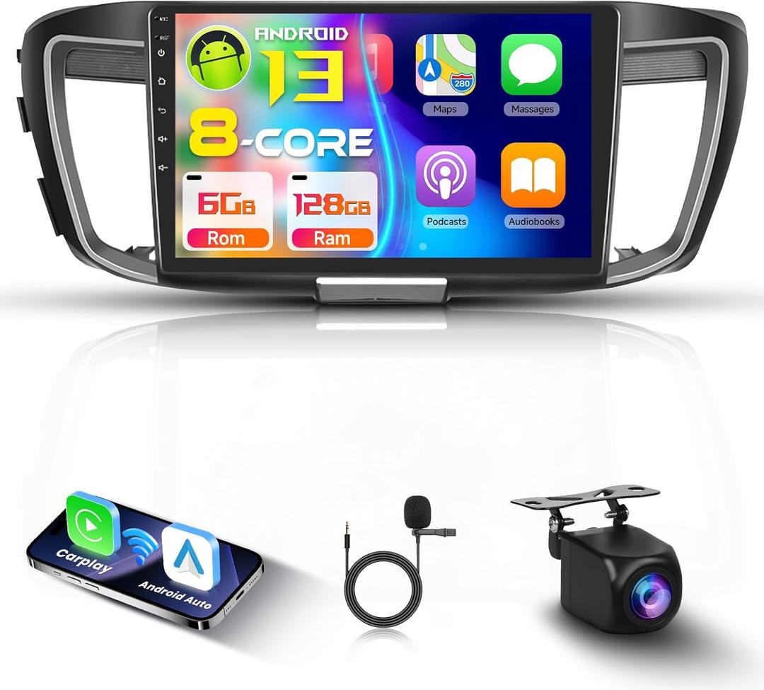 8Core 6G+128G Car Radio for Honda Accord 9th 2013 2014 2015, Rimoody Android 13 Car Stereo Carplay Android Auto 10.1 Inch Touch Screen GPS 4G-WiFi Bluetooth FM/RDS DSP Mirror Link Backup Camera