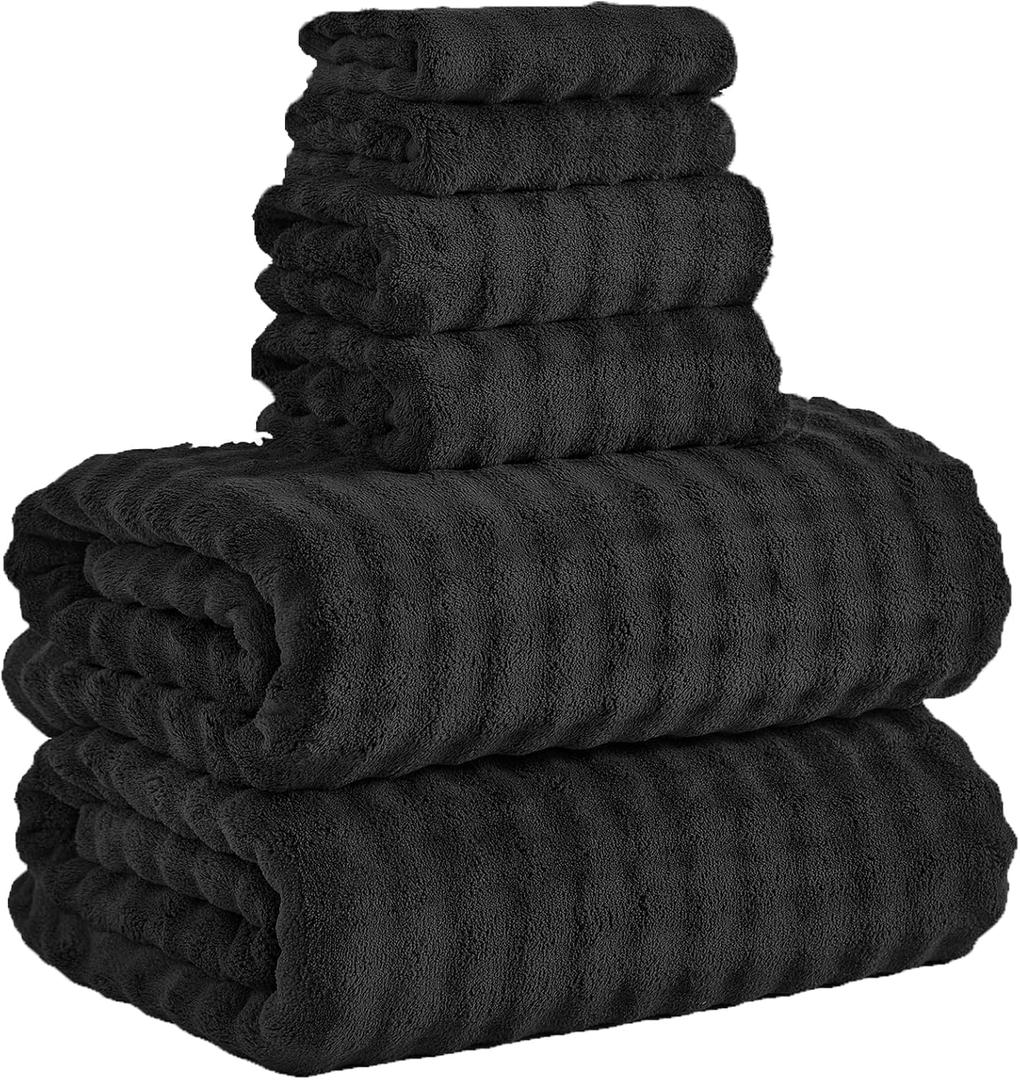 KBY Bath Towels Set 6 Piece 40x80 Inches2 Extra Large Bath Sheets 2 Hand Towels 2 WashclothsHighly Absorbent Quick Dry Microfiber,Ultra Soft Towel Set for BathroomSpaGym Hotel (Black)