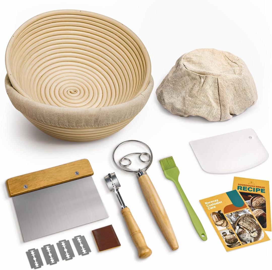 Rorecay Banneton Bread Proofing Baskets Set of 2, 9 Inch Round Cane Sourdough Bread Rising Basket Bowls with Sourdough Bread Making Tools Baking Supplies for Sour Dough Proofing Fermentation
